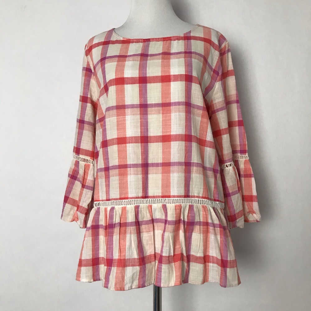 🎁 Bobeau Plaid Pink Size Medium Scoop Neck Women’s 3/4 Sleeve Top